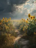 Schilderij van een zonnebloemenveld onder een dreigende onweerslucht