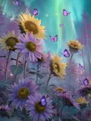 Schilderij van geel-paarse zonnebloemen met vlinders onder een sterrenhemel