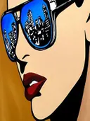 Pop-art close-up van een zonnebril met een skyline reflectie