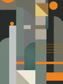 Art-deco-schilderij met oranje cirkels en geometrische vlakken