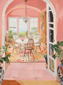 Roze zonnekamer-interieur met eettafel, stoelen en uitzicht op zee door een erker.