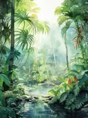 Jungle landschap met zonnestralen door het bladerdak boven een vijver.