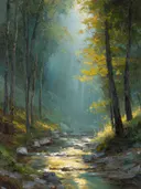 Zonnestralen door herfstbos, olieverfschilderij