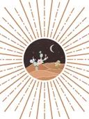 Grafisch schilderij met zonnestralen en woestijn nachtscène met cactussen