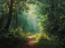 Schilderij van een zonnig bospad met gouden lichtinval tussen de bomen