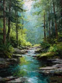 Schilderij van een zonnig boslandschap met een beek