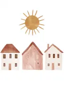 Schilderij met drie huisjes en een gouden zon in aquarelstijl