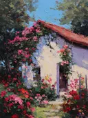 Schilderij van een cottage met terracotta dak en roze klimrozen