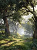 Schilderij van een zonnig bospad met varens en wilde bloemen