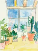 Aquarelschilderij van een serre met cactussen en kamerplanten