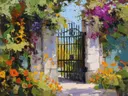 Schilderij van een zonovergoten tuinpoort met klimplanten in mediterrane stijl