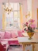 Kleurrijk interieur met roze bank, kussens en een boeket bloemen bij het raam.