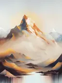 Berglandschap schilderij met zonovergoten piek en meerreflectie