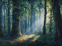 Schilderij van een zonnig bos met goudgeel licht