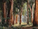 Schilderij van een zonovergoten eucalyptusbos met hoge bomen
