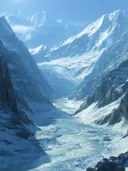 Schilderij van een zonovergoten sneeuwkloof met gletsjerrivier