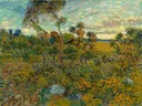 Zonsondergang bij Montmajour van Vincent van Gogh: landschap met struiken, bomen, ruine en velden, in warm okergeel en groen