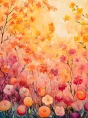 Aquarel van een bloemenveld met oranje en gele bloemen tegen een zonsondergangsachtergrond