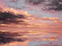 Schilderij van een zonsondergang die zich spiegelt in rustig water