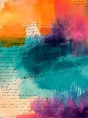 Waterverf abstract in oranje, teal en paars tinten met handschrift