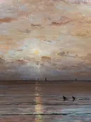 Zonsondergang met garnalenvissers van Hendrik Willem Mesdag: zee met zonsondergang, zee, vissers en strand, in roze en grijsblauw