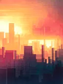 Schilderij van zonsondergang over de stad