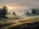 Landschapsschilderij van een zonsopgang boven een mistige beekvallei