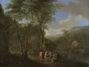 Zuidelijk landschap met het oordeel van Paris van Cornelius van Poelenburgh / Jan Both: landschap met bos, hoge bomen, figuren en open plek, in donkergroen en bruin