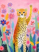 Illustratie van een zwaaiende luipaard tussen paarse en roze bloemen op een roze achtergrond.