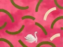 Schilderij van zwaan in roze en olijf, in vlakke kleurvlakken