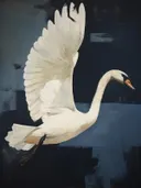 Realistische afbeelding van een zwaan met opgeheven vleugels in vlucht tegen een donkerblauwe achtergrond.