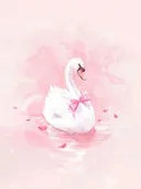 Aquarel illustratie van een witte zwaan met een roze strik op een roze achtergrond