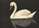 Grafisch schilderij van een witte zwaan met rode snavel op donker water