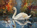 Zwaan op stil water in oranje, schilderij van zwaan op stil water, met het paletmes geschilderd