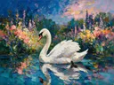 Zwaan op stil water, schilderij van zwaan op stil water, met het paletmes geschilderd