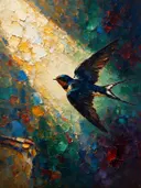 Zwaluw in diep de vlucht, schilderij van zwaluw