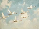 Schilderij van een groep vliegende zwanen tegen een blauwe lucht.
