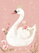Illustratie van een zwaan met kroontje en rozen, kinderkamer schilderij