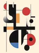Abstract schilderij met zwarte kruisvormen en rode cirkels