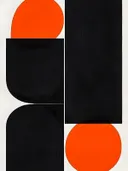 Minimalistisch schilderij met zwart-oranje ronde vormen