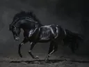Zwart paard in galop in het donker, dieren schilderij