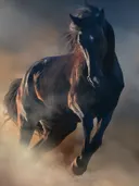 Zwart paard galoppeert door stof