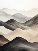 Abstract schilderij met golvende zwarte en beige banden die bergreliëf suggereren.