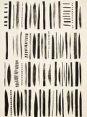 Zwart-wit abstracte compositie van streep- en bladvormen gerangschikt in een raster.