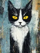 Zwart-witte kat met gele ogen tegen blauwe geschilderde achtergrond