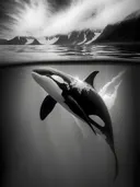 Zwart-wit orka springt uit water bij bergen