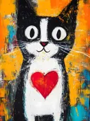 Schilderij van een zwart-witte kat met grote ronde ogen en een rood hart op de borst tegen een gele achtergrond