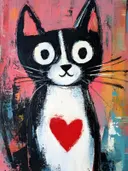 Schilderij van een zwart-witte kat met grote ronde ogen en een rood hart op de borst tegen een roze achtergrond
