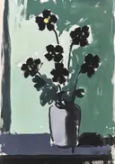 Schilderij van zwarte bloemen in een vaas