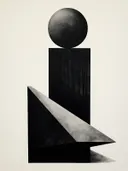 Abstract geometrisch schilderij met een zwarte bol, zuil en driehoek.